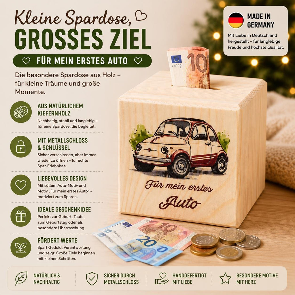 Spardose Holz | Geldgeschenk Auto | Sparbox mit Schloss | Geschenk Führerschein | Sparwürfel Holz | Für mein erstes Auto