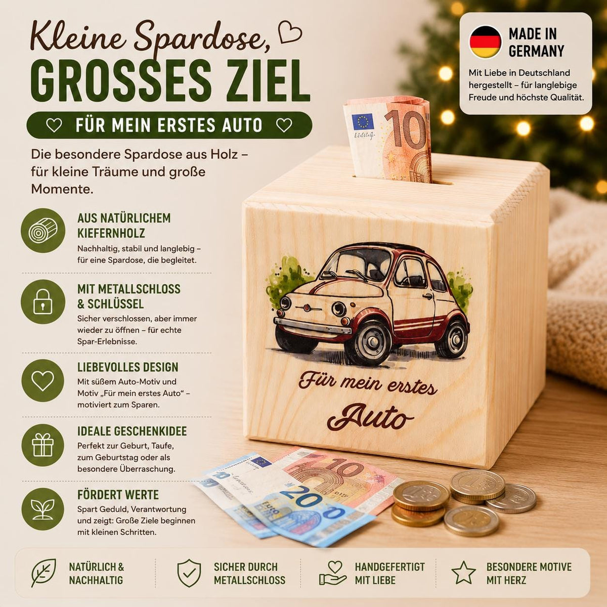 Spardose Holz | Geldgeschenk Auto | Sparbox mit Schloss | Geschenk Führerschein | Sparwürfel Holz | Für mein erstes Auto