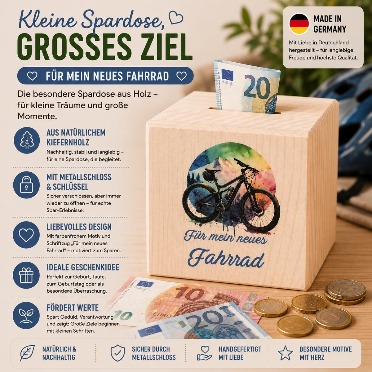 Spardose Holz | Geldgeschenk Fahrrad | Sparbox mit Schloss | Geschenk Fahrrad | Sparwürfel Holz | Für mein neues Fahrrad