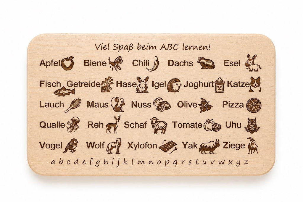 Schneidebrett Holz | Frühstücksbrett Kinder | ABC Lernbrett | Alphabet Lernen | Einschulung Geschenk | Geburtstagsgeschenk |Holzbrett Kinder