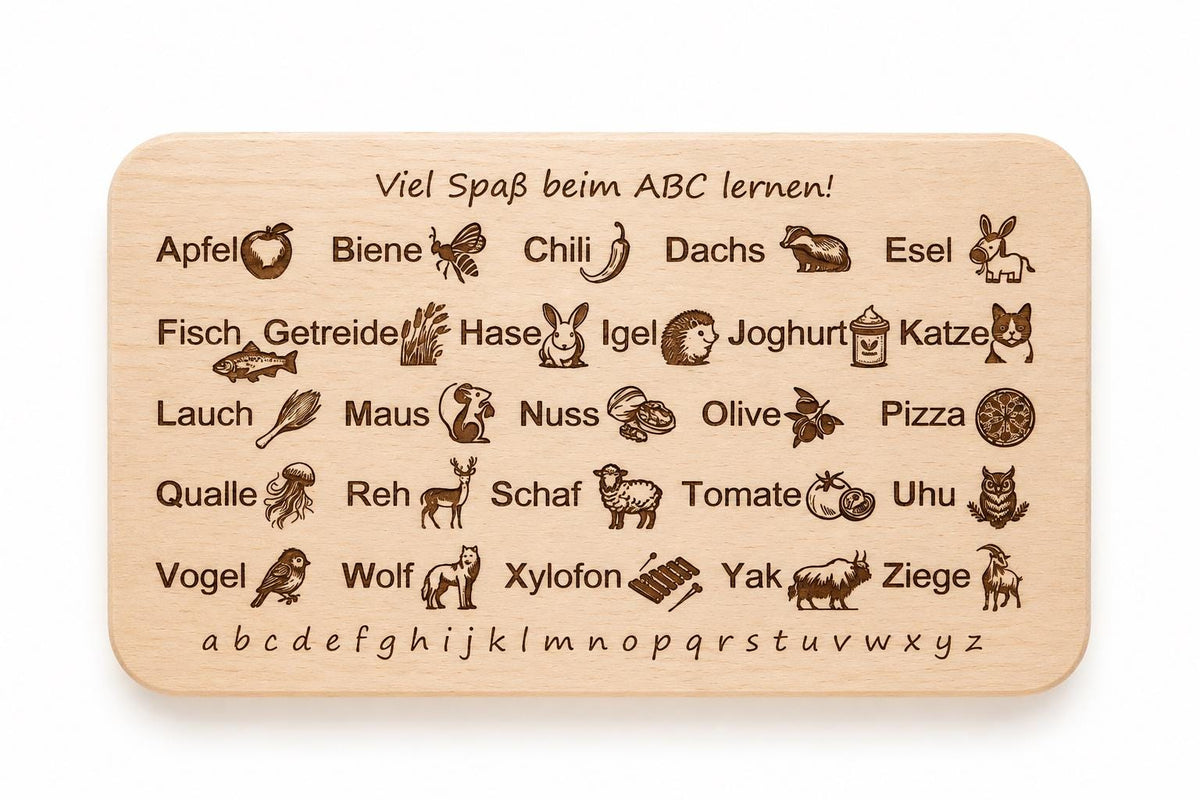 Schneidebrett Holz | Frühstücksbrett Kinder | ABC Lernbrett | Alphabet Lernen | Einschulung Geschenk | Geburtstagsgeschenk |Holzbrett Kinder