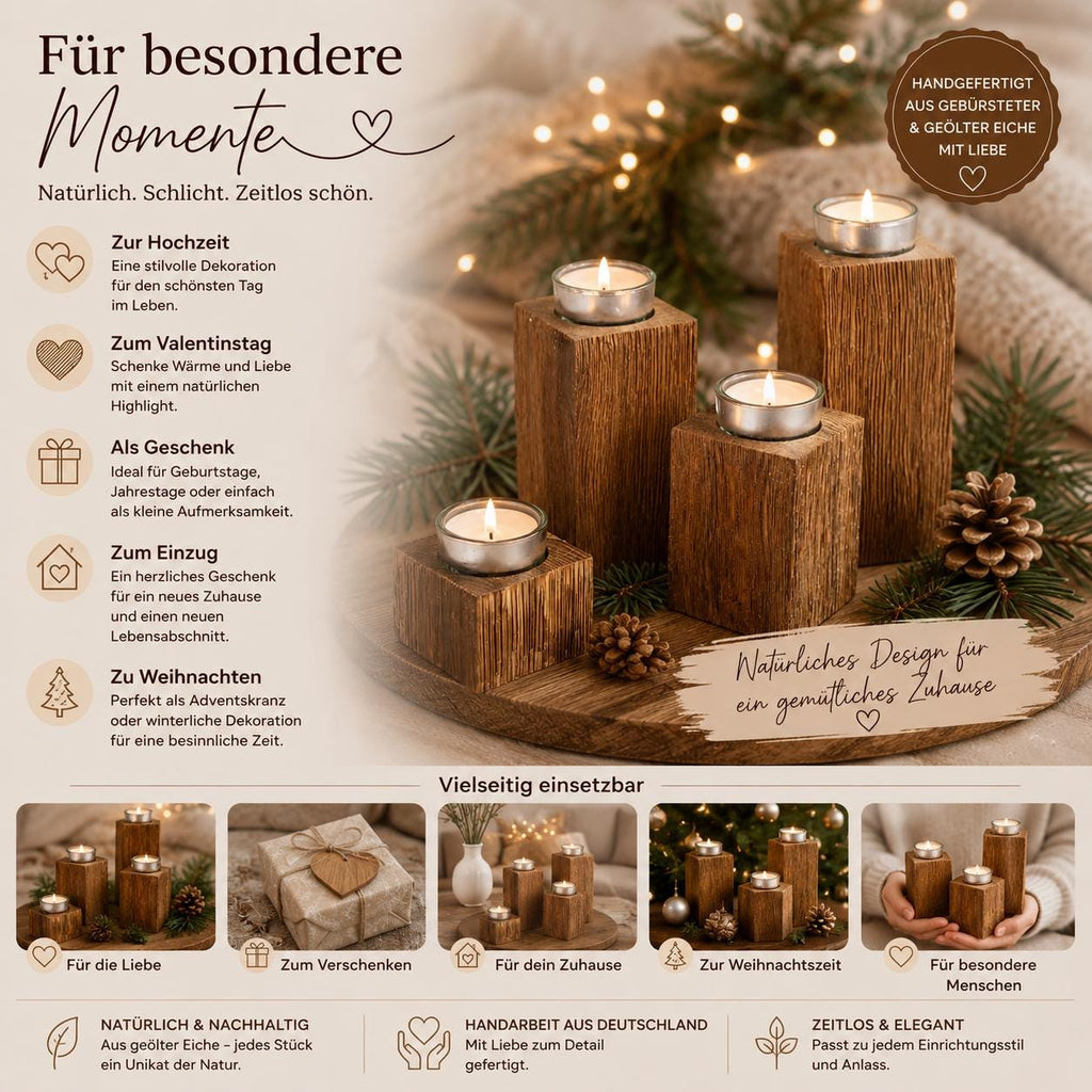 Teelichthalter Set | Adventskranz Holz | Kerzenhalter Eiche | Wohnzimmer Deko | Einzugsgeschenk | Weihnachtsdeko Holz