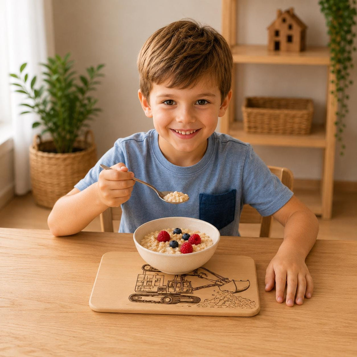 Frühstücksbrett Kinder | Bagger Holzbrett | Brotzeitbrett Gravur | Schneidebrett Holz | Baustelle Motiv | Geschenk Junge | Frühstücksbrett