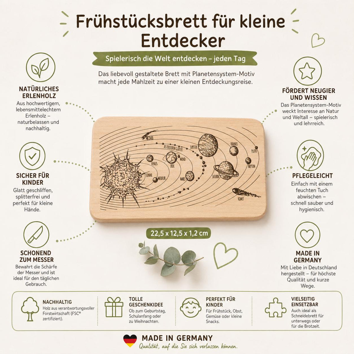 Frühstücksbrett Weltraum | Planetensystem Holzbrett | Schneidebrett Holz Gravur | Geschenk Geburtstag | Kunst | Brotzeitbrett Kinder