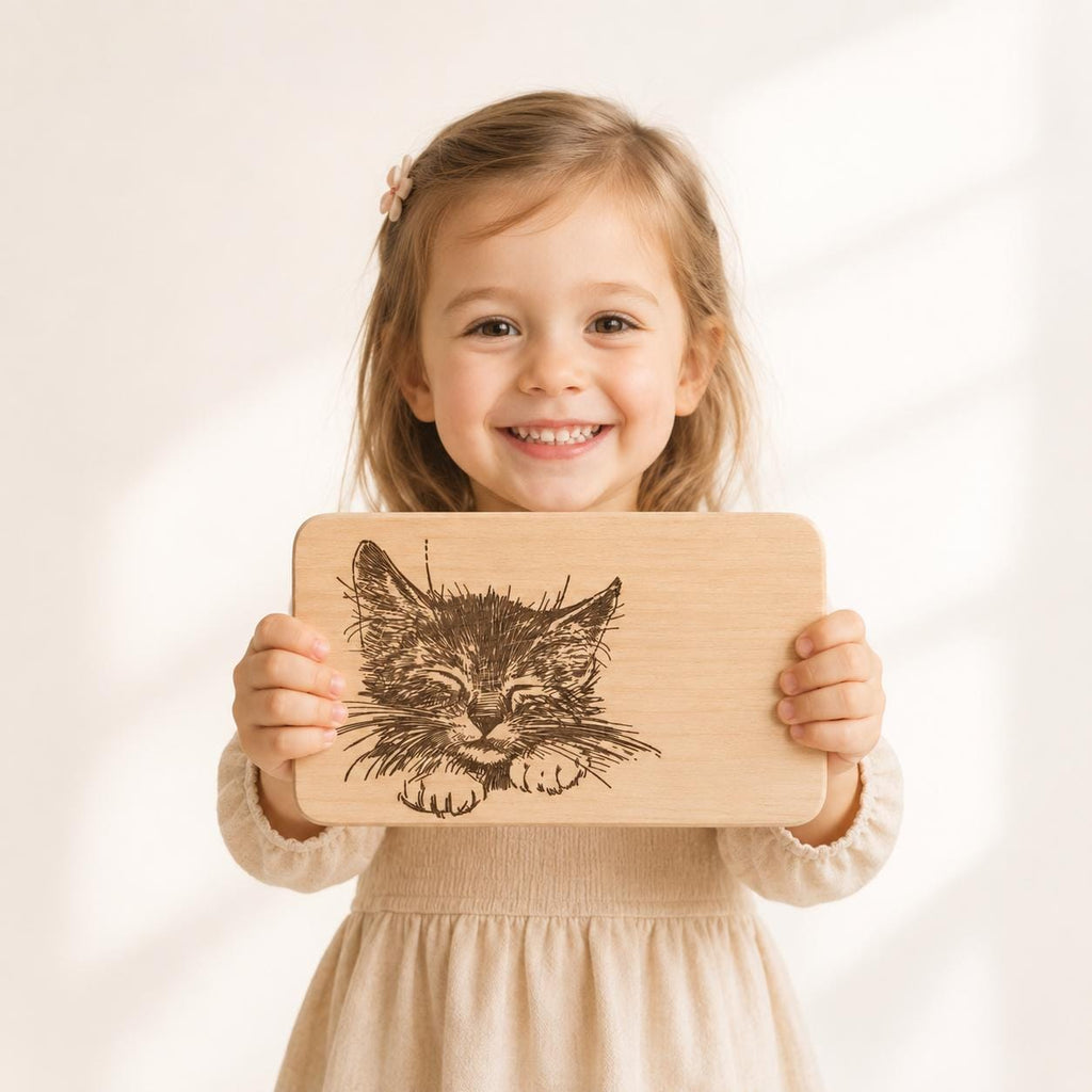 Frühstücksbrett Kinder | Katzen Holzbrett | Brotzeitbrett Gravur | Schneidebrett Holz | Kätzchen Motiv | Geschenk Kinder | Frühstücksbrett