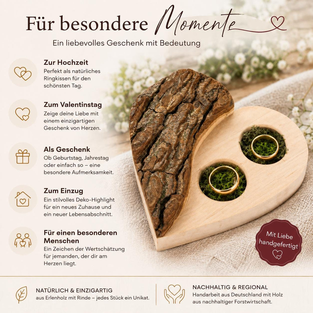 Ringkissen Holz | Rustikales Ringkissen | Herz Ringkissen | Hochzeit Deko | Boho Hochzeit | Hochzeitsgeschenk Ideen | Holz Deko