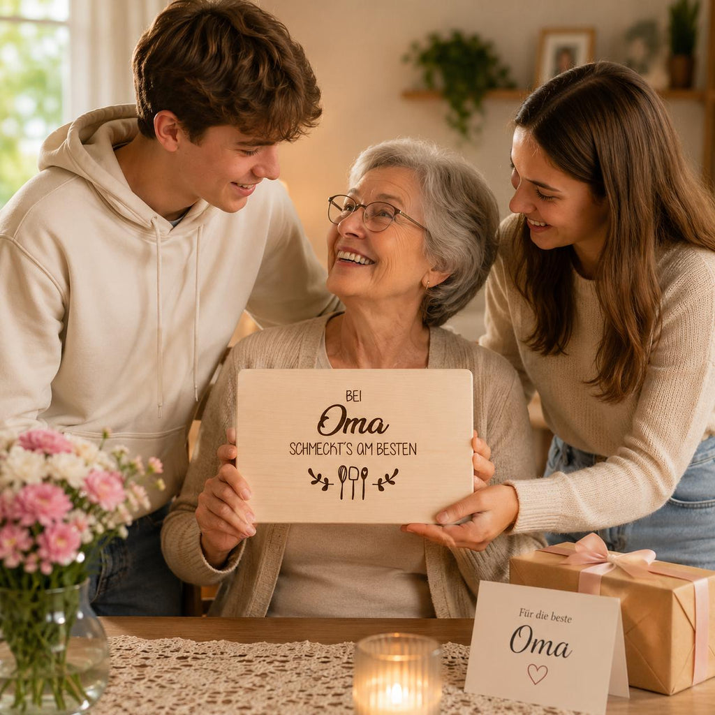 Geschenk Oma | Frühstücksbrett Holz | Schneidebrett Holz | Brotzeitbrett Gravur | Geburtstagsgeschenk | Bei Oma schmeckt's am besten