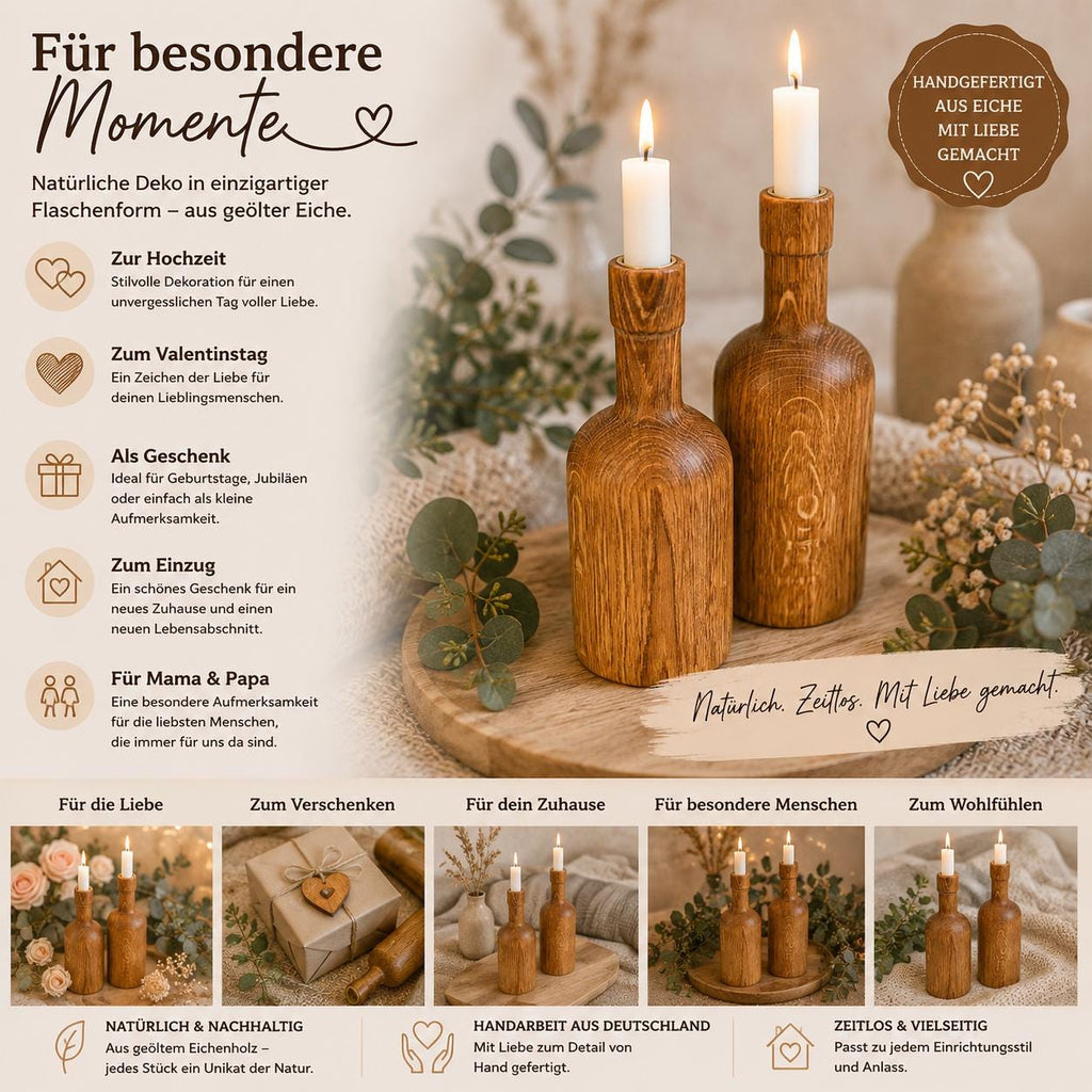Kerzenständer Holz | Eiche Deko | Kerzenhalter Flasche | Wohnzimmer Deko | Einzugsgeschenk | Geschenkidee Holz