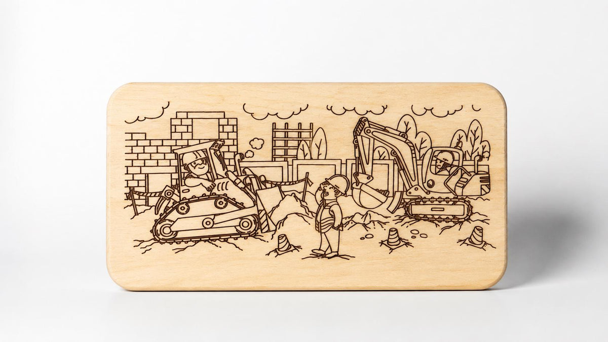 Kinder Frühstücksbrett | Baustelle Bagger | Ausmalbrett Holz | Brotzeitbrett Kinder | Geschenk Junge | Geburtstag Geschenk