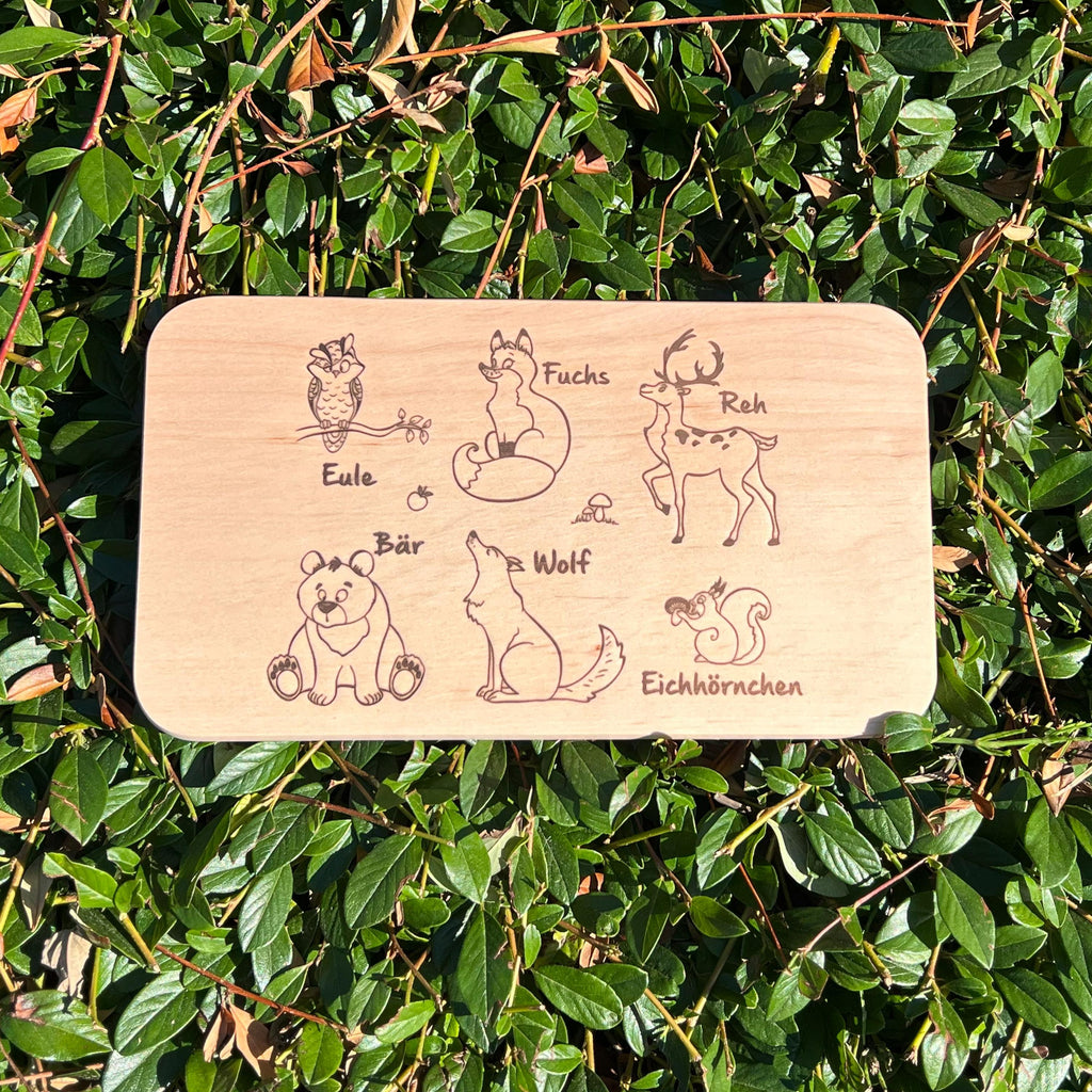 Frühstücksbrett Kinder | Waldtiere Holzbrett | Schneidebrett mit Tiernamen | Brotzeitbrett Gravur | Geschenk Kind | Baby Geschenk