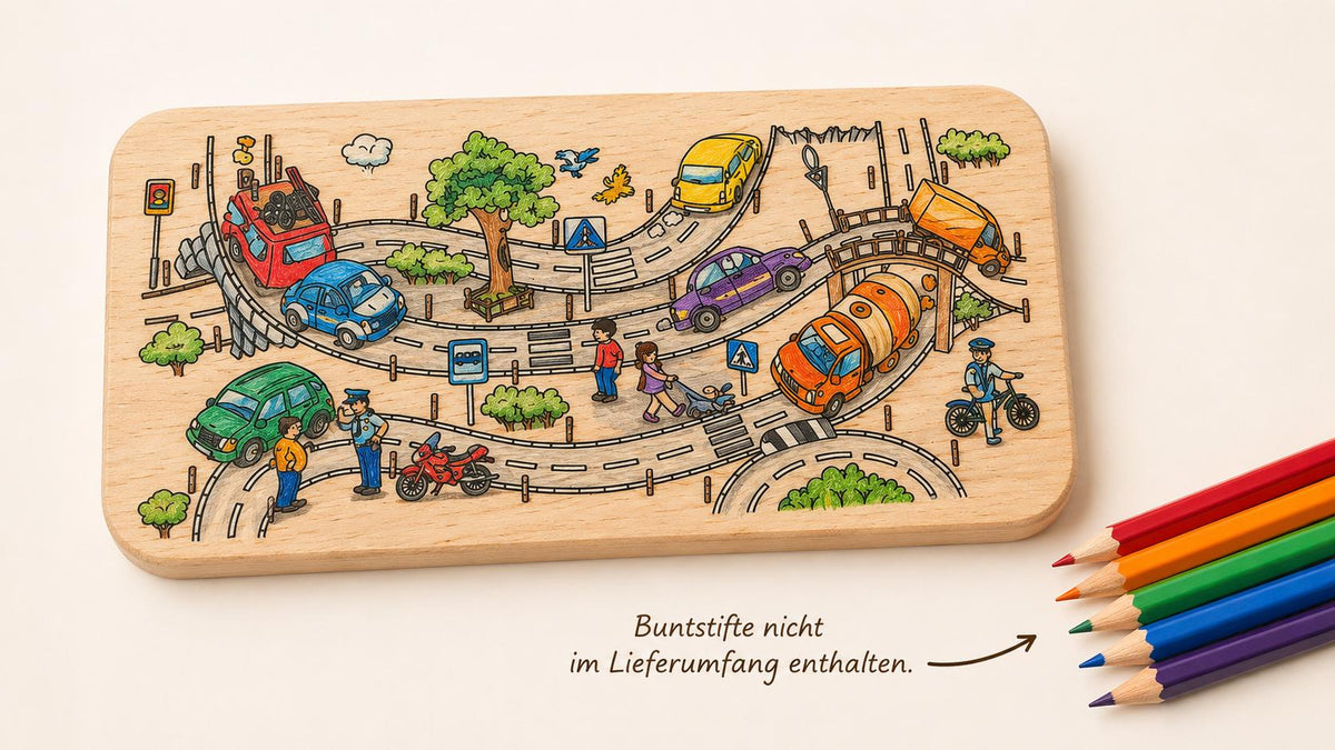 Frühstücksbrett Kinder | Ausmalbrett Autos | Verkehr Holzbrett | Schneidebrett | Malbuch | Geschenk Junge | Ausmalbilder