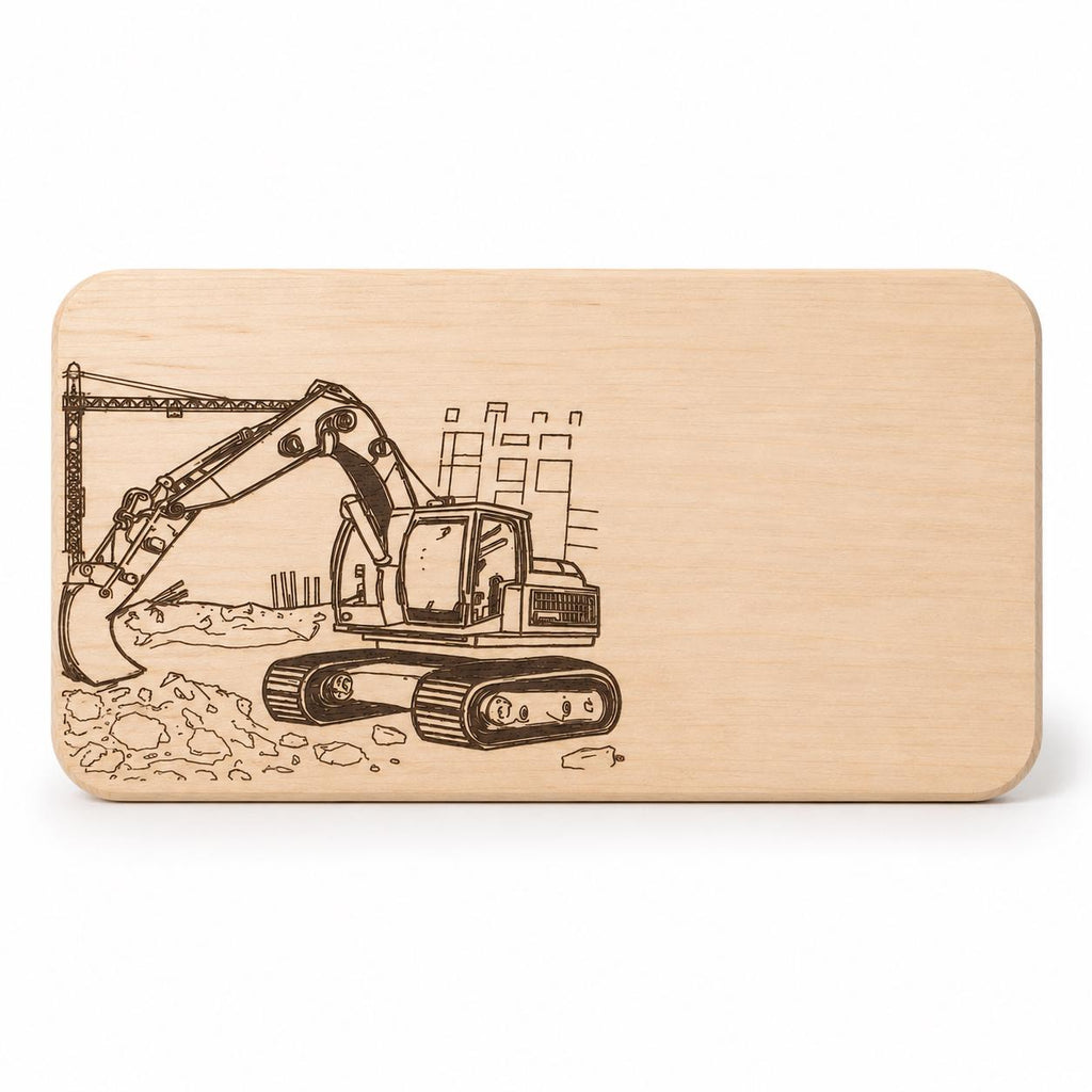 Frühstücksbrett Kinder | Bagger Holzbrett | Brotzeitbrett Gravur | Schneidebrett Holz | Baustelle Motiv | Geschenk Junge | Frühstücksbrett