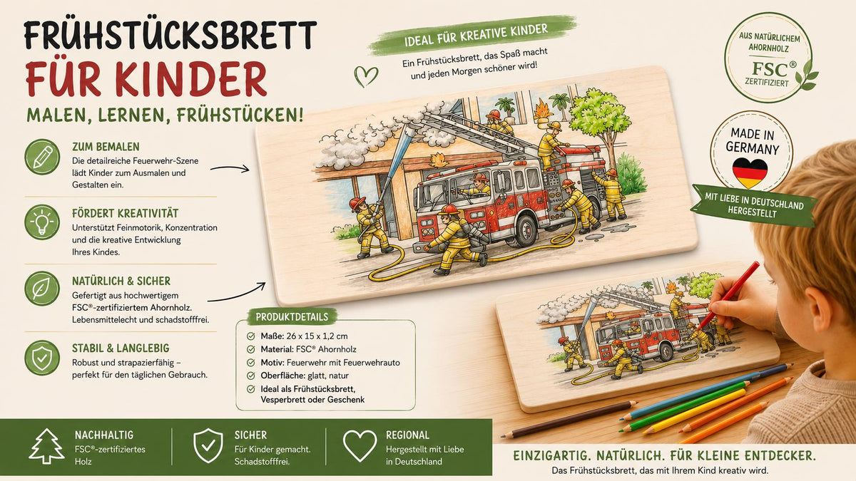 Kinder Frühstücksbrett | Feuerwehr Ausmalbrett | Brotzeitbrett Holz | Feuerwehr Geschenk | Geschenk Einschulung | Geburtstagsgeschenk