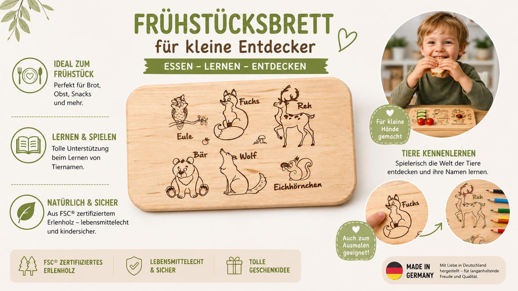 Frühstücksbrett Kinder | Waldtiere Holzbrett | Schneidebrett mit Tiernamen | Brotzeitbrett Gravur | Geschenk Kind | Baby Geschenk