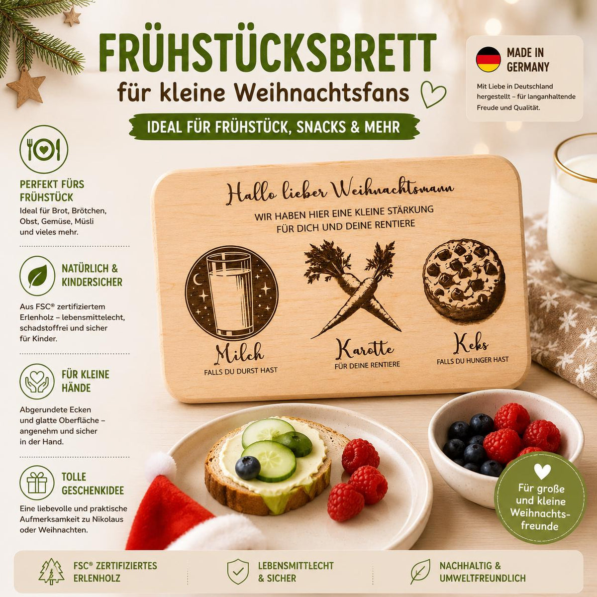 Frühstücksbrett Kinder | Nikolaus Brett | Brotzeitbrett Gravur | Schneidebrett Holz | Weihnachtsmann Teller | Weihnachtsgeschenk Kinder |