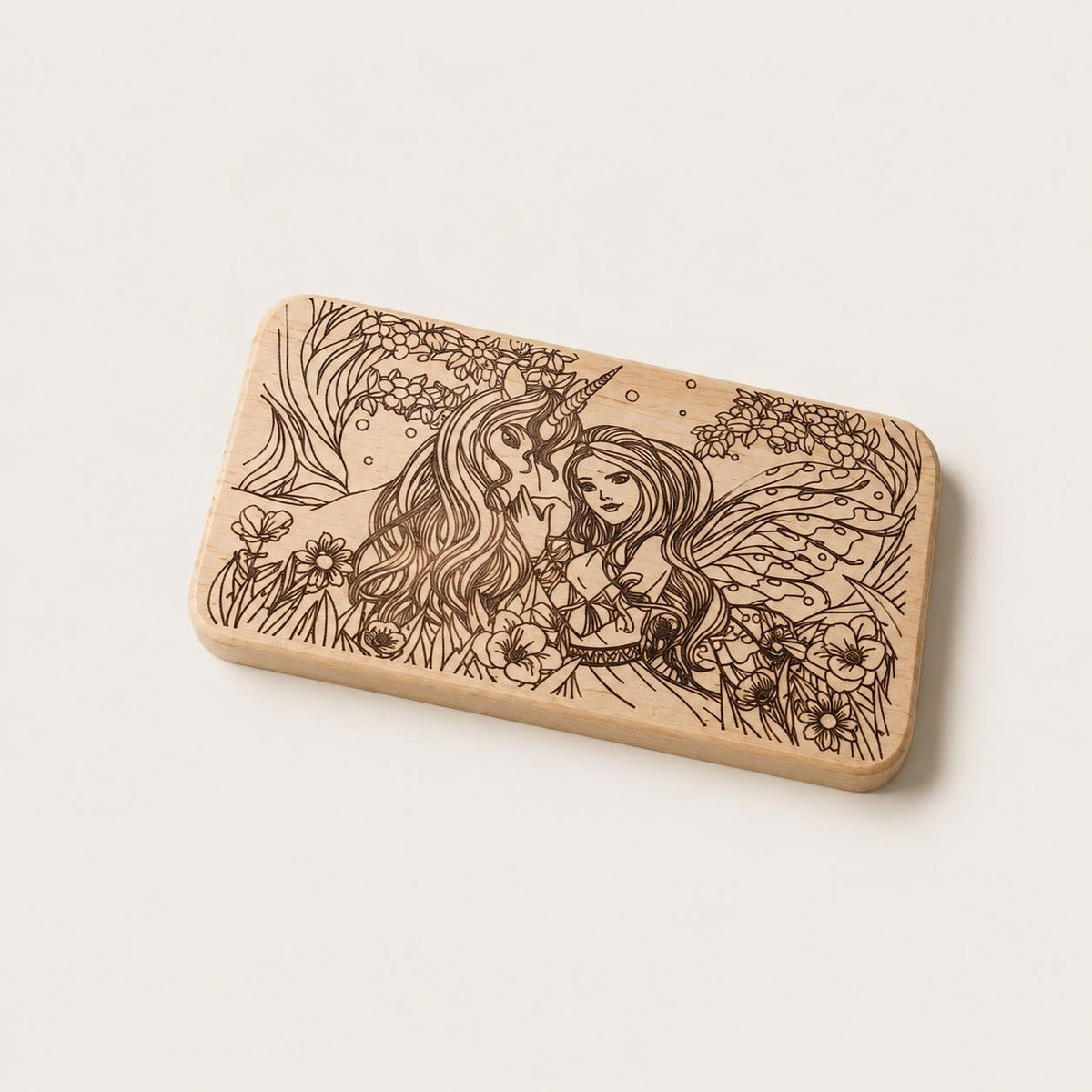 Schneiderbrett Holz Frühstücksbrett Für Kinder Geschenk FSC® Erle 22,5 x 12,5 cm - Prinzessin Fee mit Einhorn ausmalbar